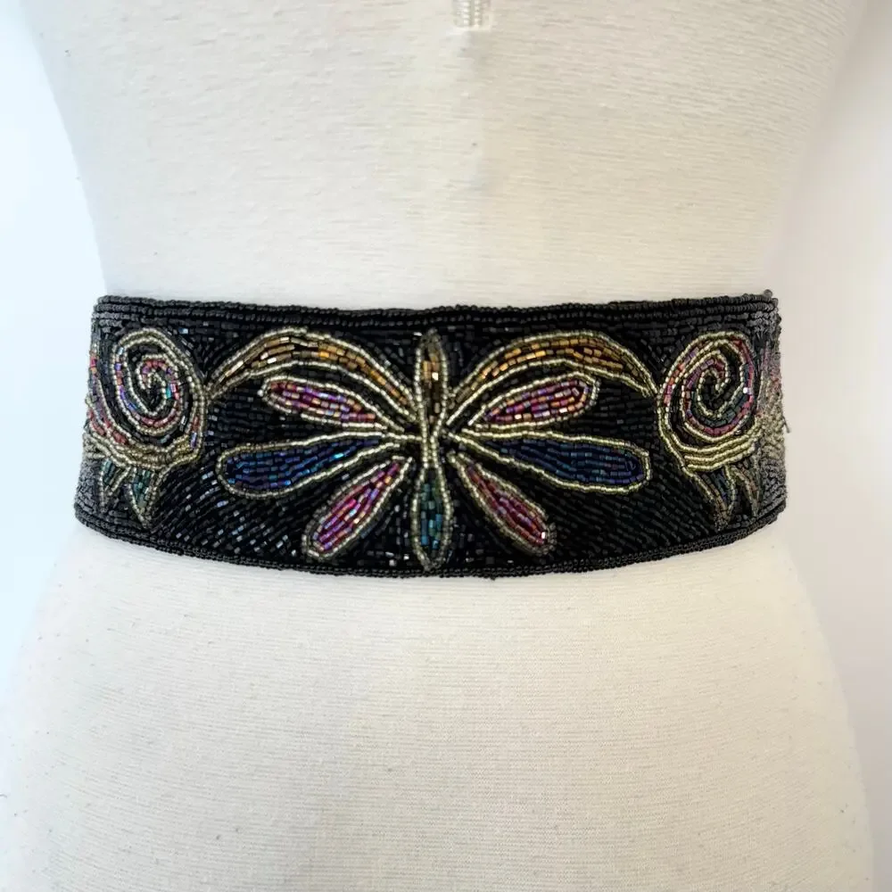 La Regale Handmade Fully Sequin Embellished Belt Satin Black Multi L NWT